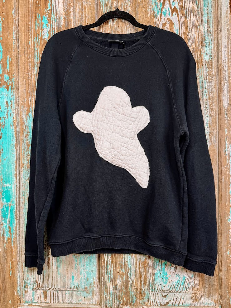 Upcycled White Quilt Ghosty on Black Sweatshirt: Unisex Small