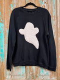 Upcycled White Quilt Ghosty on Black Sweatshirt: Unisex Small