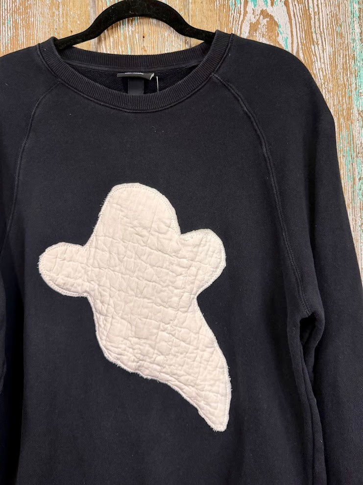 Upcycled White Quilt Ghosty on Black Sweatshirt: Unisex Small