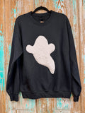 Upcycled White Quilt Ghosty on Black Sweatshirt: Unisex Medium