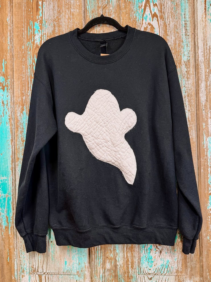 Upcycled White Quilt Ghosty on Black Sweatshirt: Unisex Medium