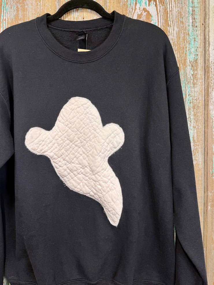 Upcycled White Quilt Ghosty on Black Sweatshirt: Unisex Medium