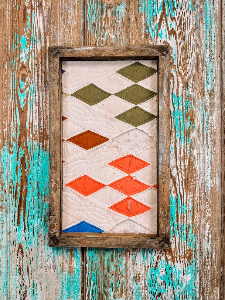 Upcycled Vintage Diamond Patch Framed Quilt #1: 12" x 20"