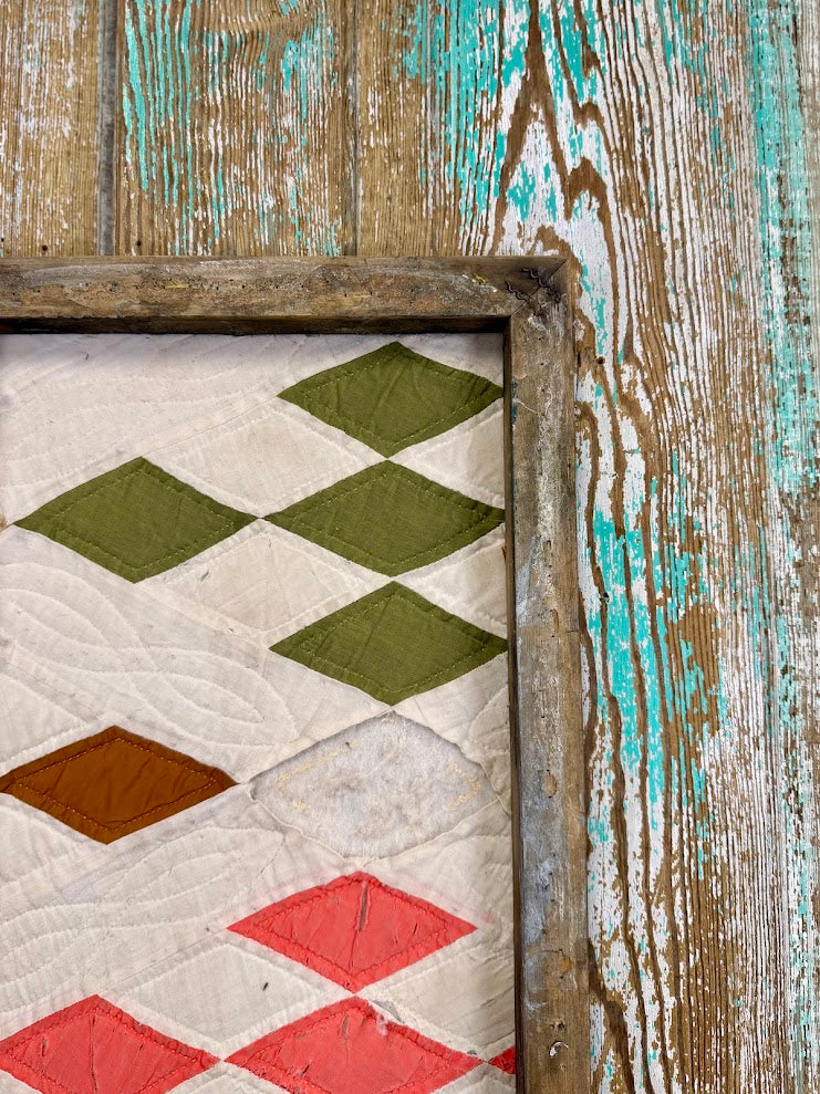 Upcycled Vintage Diamond Patch Framed Quilt #1: 12" x 20"