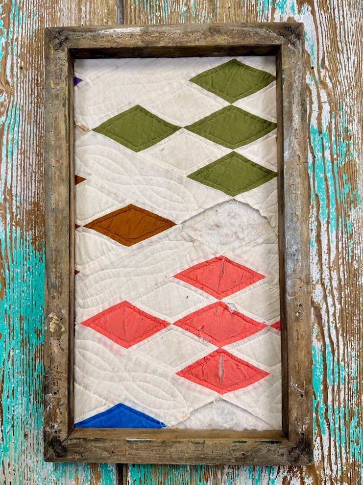 Upcycled Vintage Diamond Patch Framed Quilt #1: 12" x 20"