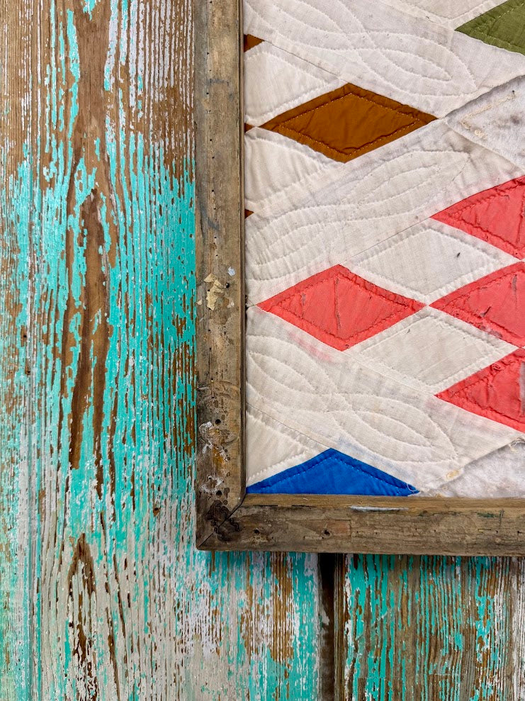 Upcycled Vintage Diamond Patch Framed Quilt #1: 12" x 20"