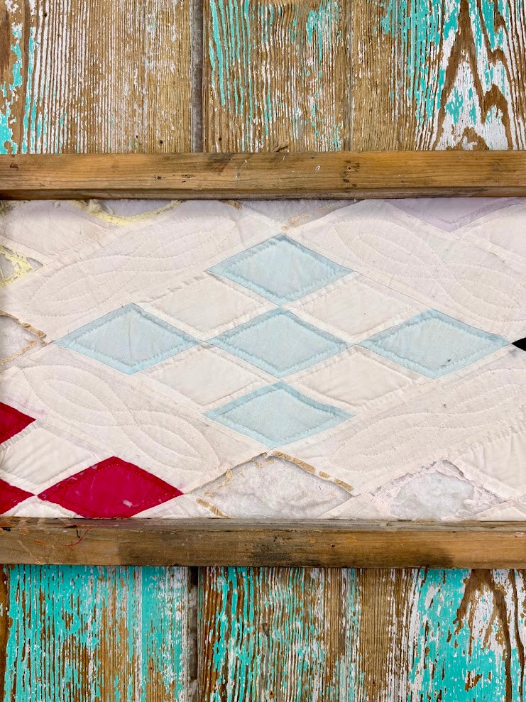 Upcycled Vintage Diamond Patch Framed Quilt #2: 12" x 20"