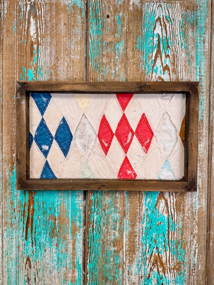 Upcycled Vintage Diamond Patch Framed Quilt #3: 12" x 20"