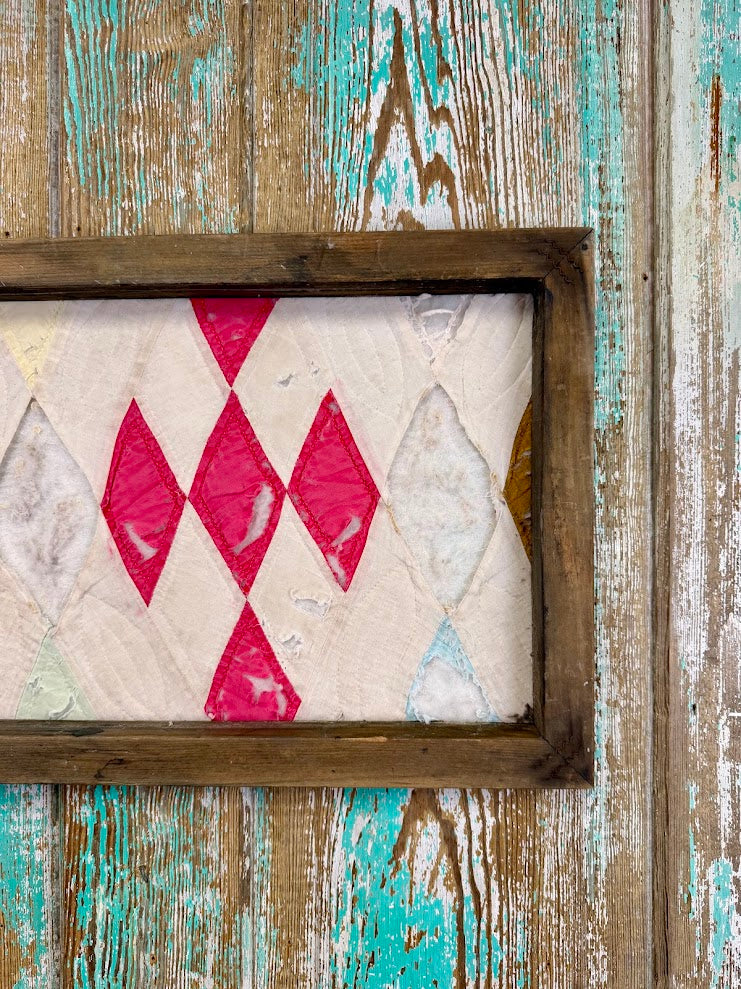 Upcycled Vintage Diamond Patch Framed Quilt #3: 12" x 20"
