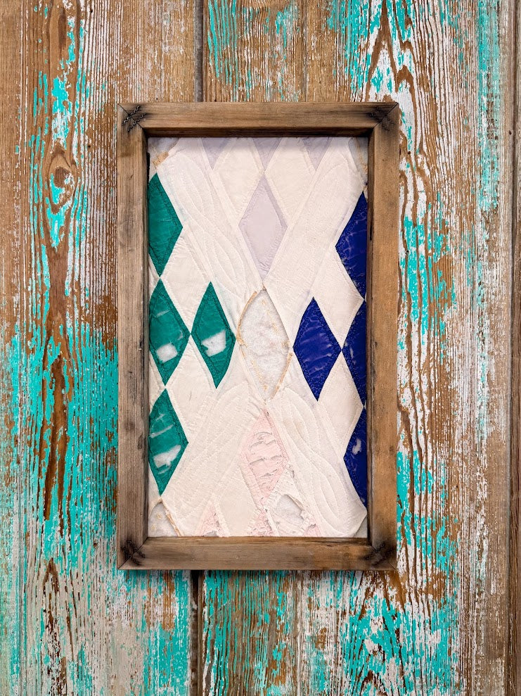 Upcycled Vintage Diamond Patch Framed Quilt #4: 12" x 20"