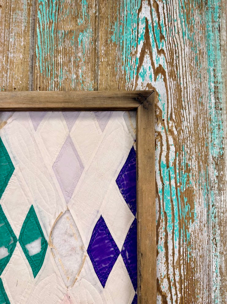 Upcycled Vintage Diamond Patch Framed Quilt #4: 12" x 20"