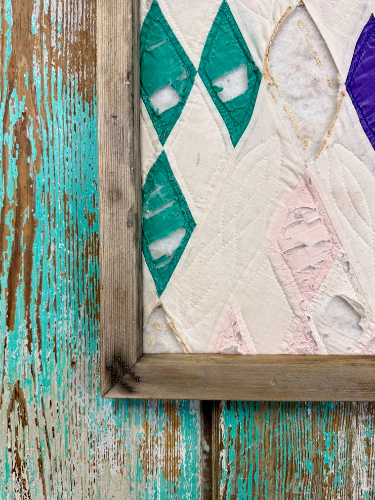Upcycled Vintage Diamond Patch Framed Quilt #4: 12" x 20"