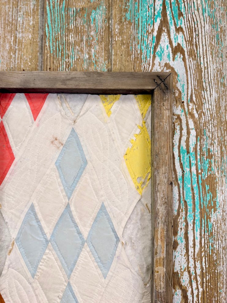 Upcycled Vintage Diamond Patch Framed Quilt #5: 12" x 20"