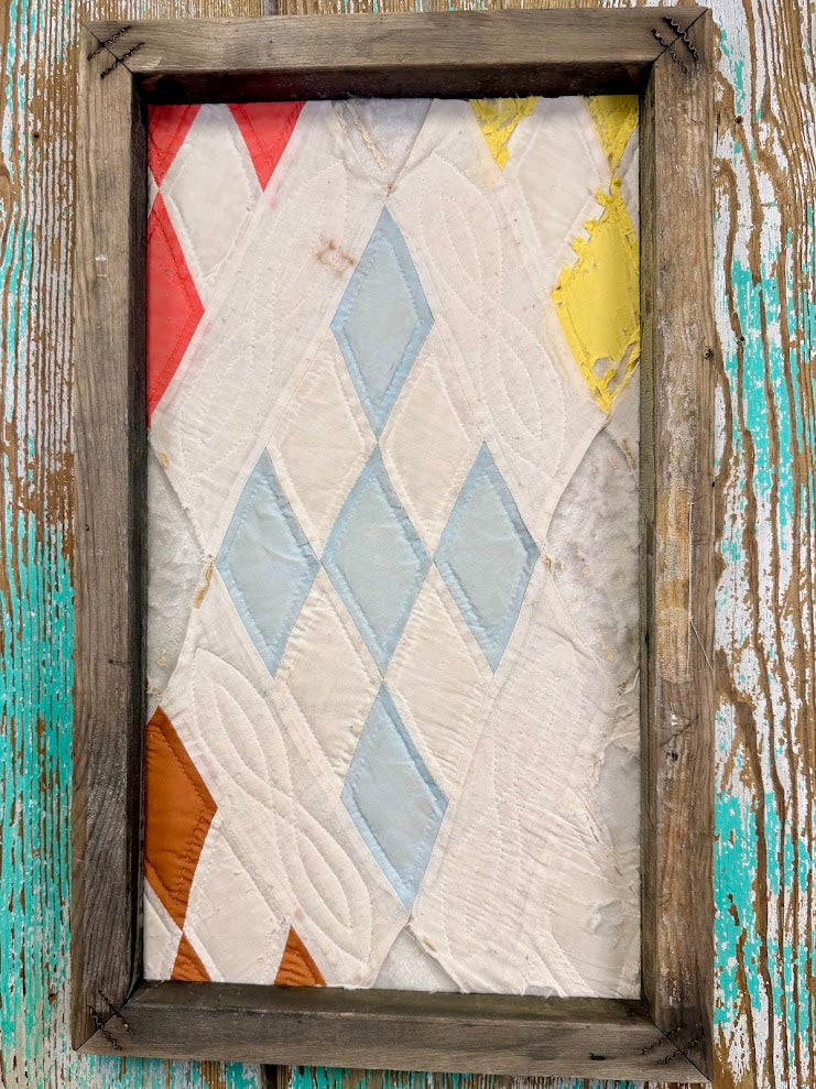 Upcycled Vintage Diamond Patch Framed Quilt #5: 12" x 20"