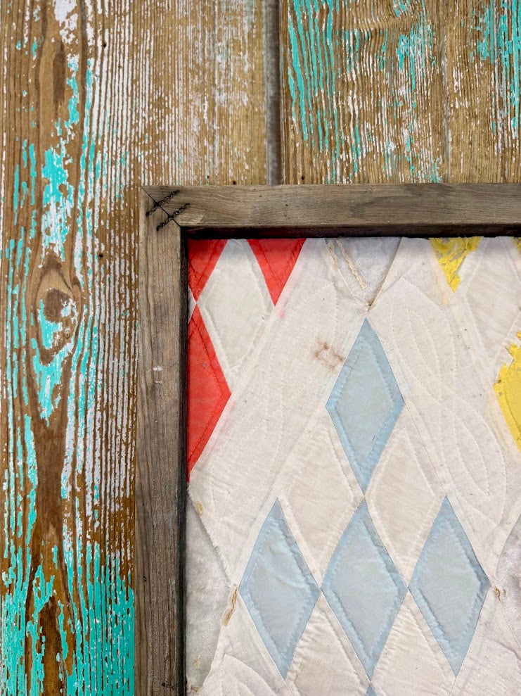 Upcycled Vintage Diamond Patch Framed Quilt #5: 12" x 20"