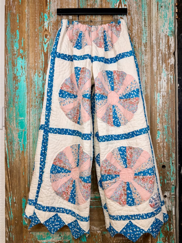 Upcycled Vintage Dresden Plate Quilt Pants with Scalloped Edge and Pocket: Women's Medium