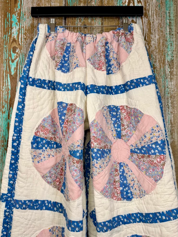 Upcycled Vintage Dresden Plate Quilt Pants with Scalloped Edge and Pocket: Women's Medium