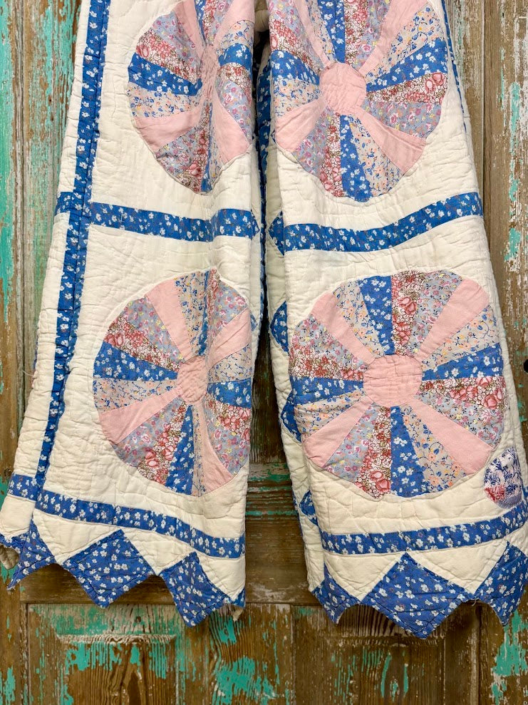 Upcycled Vintage Dresden Plate Quilt Pants with Scalloped Edge and Pocket: Women's Medium