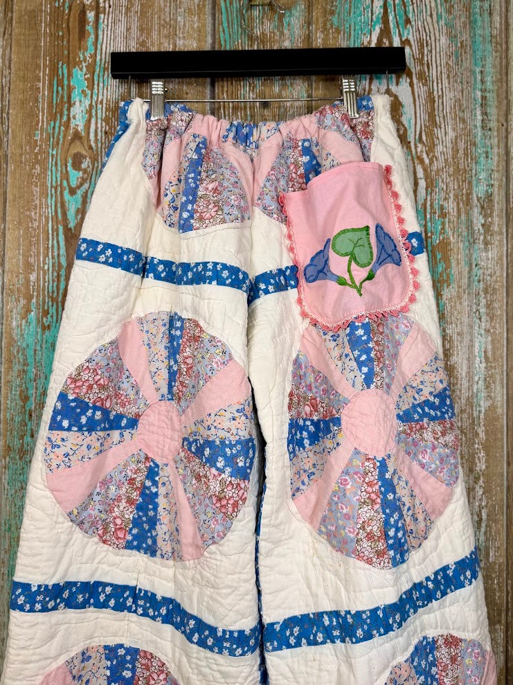 Upcycled Vintage Dresden Plate Quilt Pants with Scalloped Edge and Pocket: Women's Medium