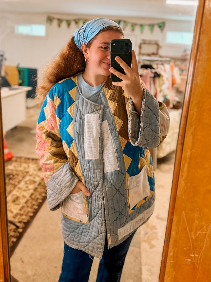 Upcycled Vintage "Shawnee" Quilt Coat with Wheat Sack Patches: Unisex Large