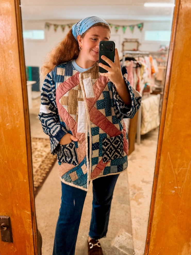 Upcycled Vintage "Homespun" Quilt Coat with Homespun Sleeves and Wheat Sack Patches: Unisex Medium