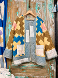 Upcycled Vintage "Shawnee" Quilt Coat with Wheat Sack Patches: Unisex Large