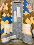 Upcycled Vintage "Shawnee" Quilt Coat with Wheat Sack Patches: Unisex Large