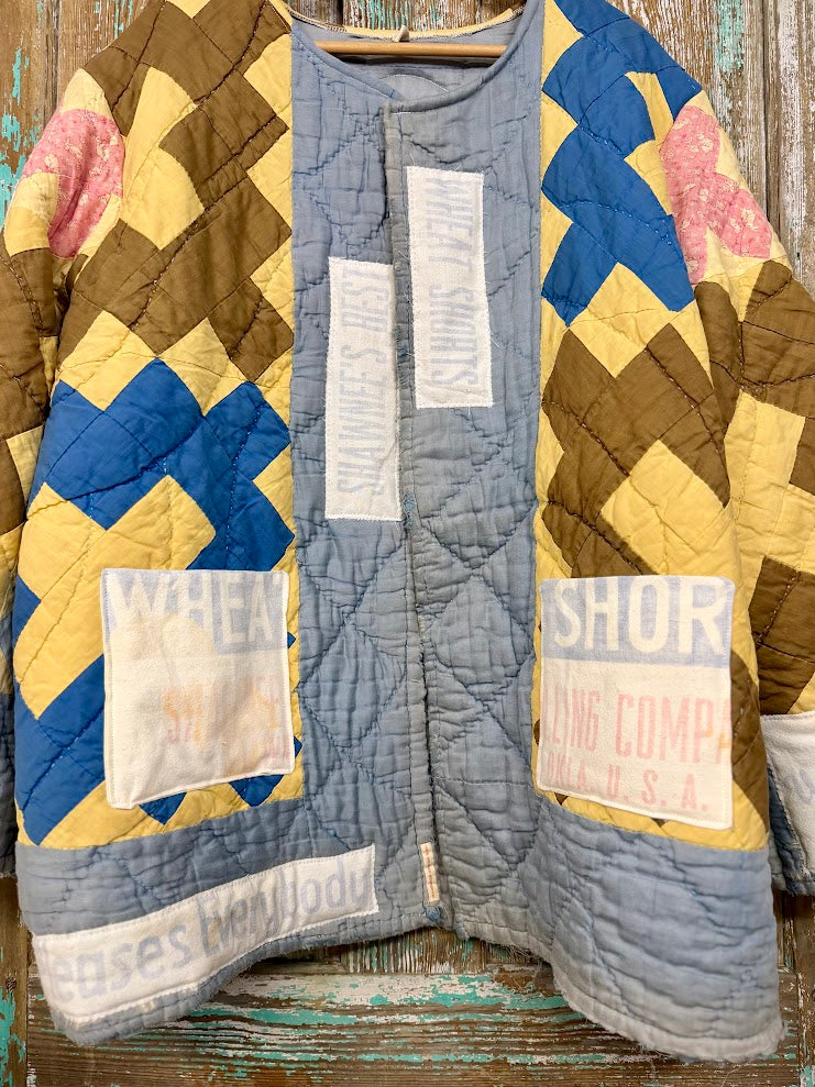 Upcycled Vintage "Shawnee" Quilt Coat with Wheat Sack Patches: Unisex Large