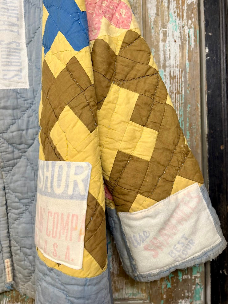Upcycled Vintage "Shawnee" Quilt Coat with Wheat Sack Patches: Unisex Large