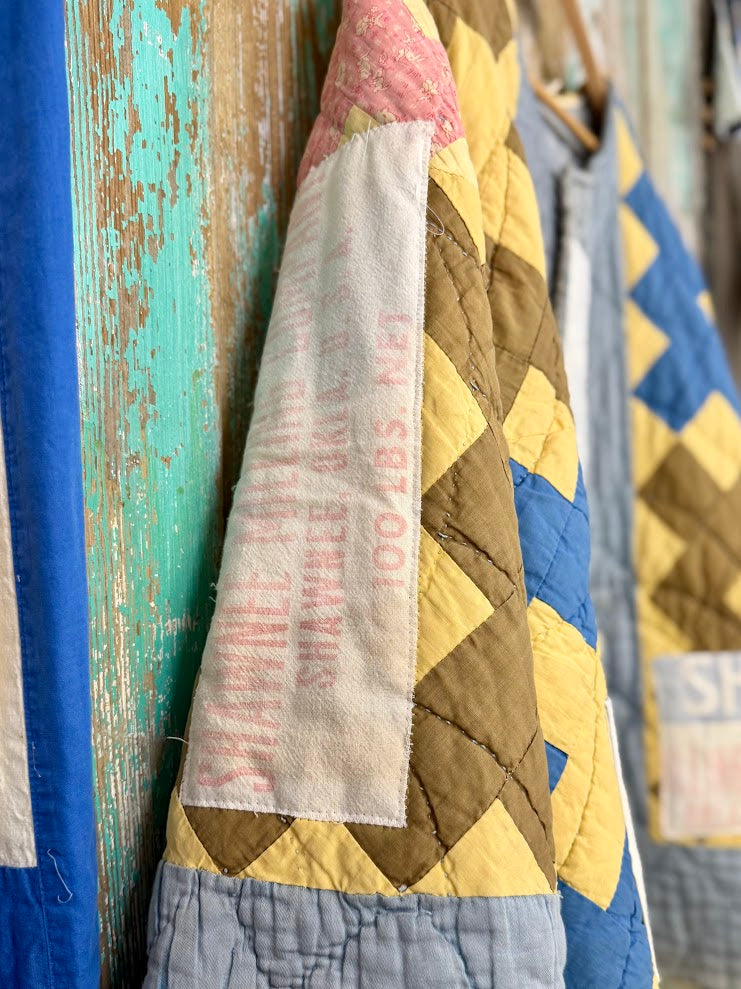 Upcycled Vintage "Shawnee" Quilt Coat with Wheat Sack Patches: Unisex Large