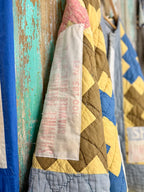 Upcycled Vintage "Shawnee" Quilt Coat with Wheat Sack Patches: Unisex Large