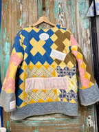 Upcycled Vintage "Shawnee" Quilt Coat with Wheat Sack Patches: Unisex Large