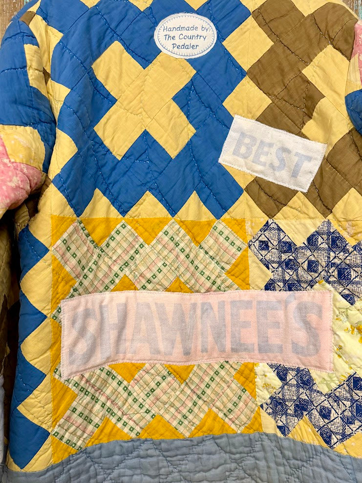 Upcycled Vintage "Shawnee" Quilt Coat with Wheat Sack Patches: Unisex Large