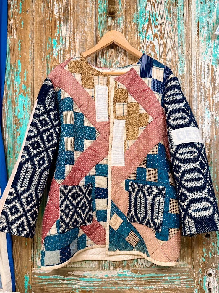 Upcycled Vintage "Homespun" Quilt Coat with Homespun Sleeves and Wheat Sack Patches: Unisex Medium