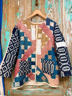 Upcycled Vintage "Homespun" Quilt Coat with Homespun Sleeves and Wheat Sack Patches: Unisex Medium