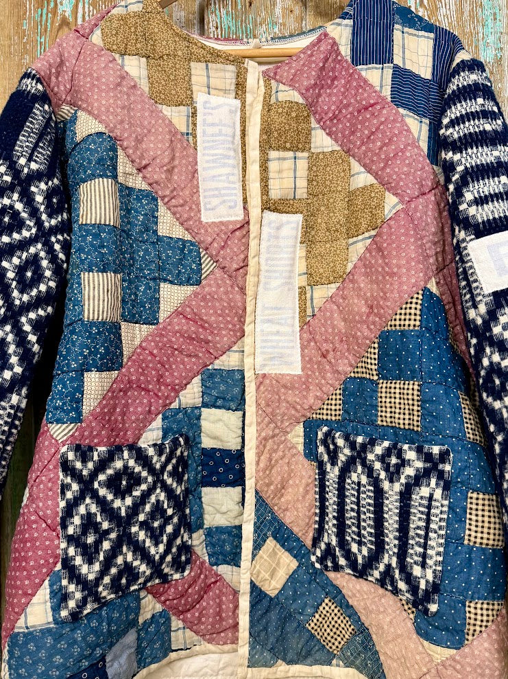 Upcycled Vintage "Homespun" Quilt Coat with Homespun Sleeves and Wheat Sack Patches: Unisex Medium