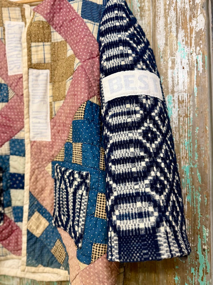 Upcycled Vintage "Homespun" Quilt Coat with Homespun Sleeves and Wheat Sack Patches: Unisex Medium