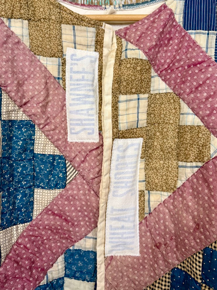 Upcycled Vintage "Homespun" Quilt Coat with Homespun Sleeves and Wheat Sack Patches: Unisex Medium