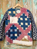 Upcycled Vintage "Homespun" Quilt Coat with Homespun Sleeves and Wheat Sack Patches: Unisex Medium