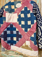 Upcycled Vintage "Homespun" Quilt Coat with Homespun Sleeves and Wheat Sack Patches: Unisex Medium