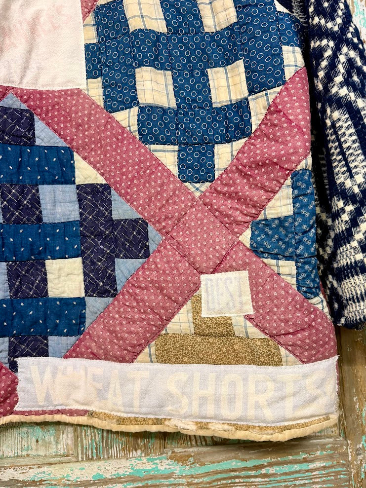 Upcycled Vintage "Homespun" Quilt Coat with Homespun Sleeves and Wheat Sack Patches: Unisex Medium