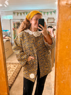 Upcycled Vintage Floral Quilt Coat with Pockets, Apron Applique, and Vintage Crochet Collar: Unisex Medium