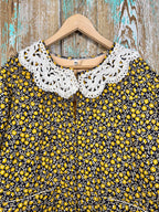Upcycled Vintage Floral Quilt Coat with Pockets, Apron Applique, and Vintage Crochet Collar: Unisex Medium