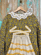 Upcycled Vintage Floral Quilt Coat with Pockets, Apron Applique, and Vintage Crochet Collar: Unisex Medium