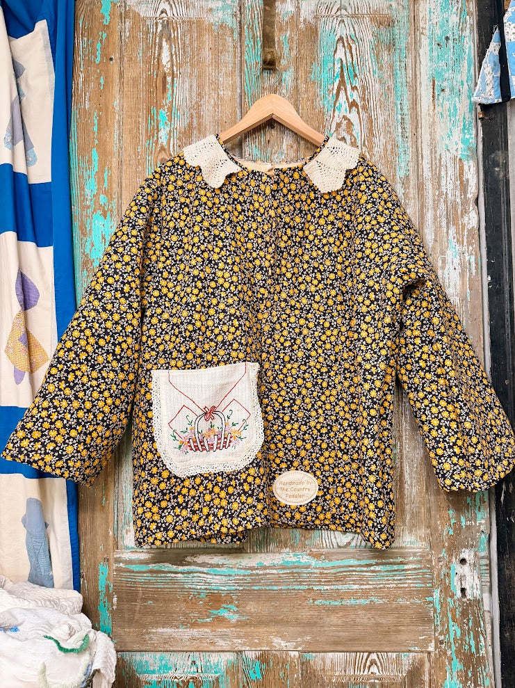Upcycled Vintage Floral Quilt Coat with Vintage Doily Pocket and Crochet Collar: Unisex Large