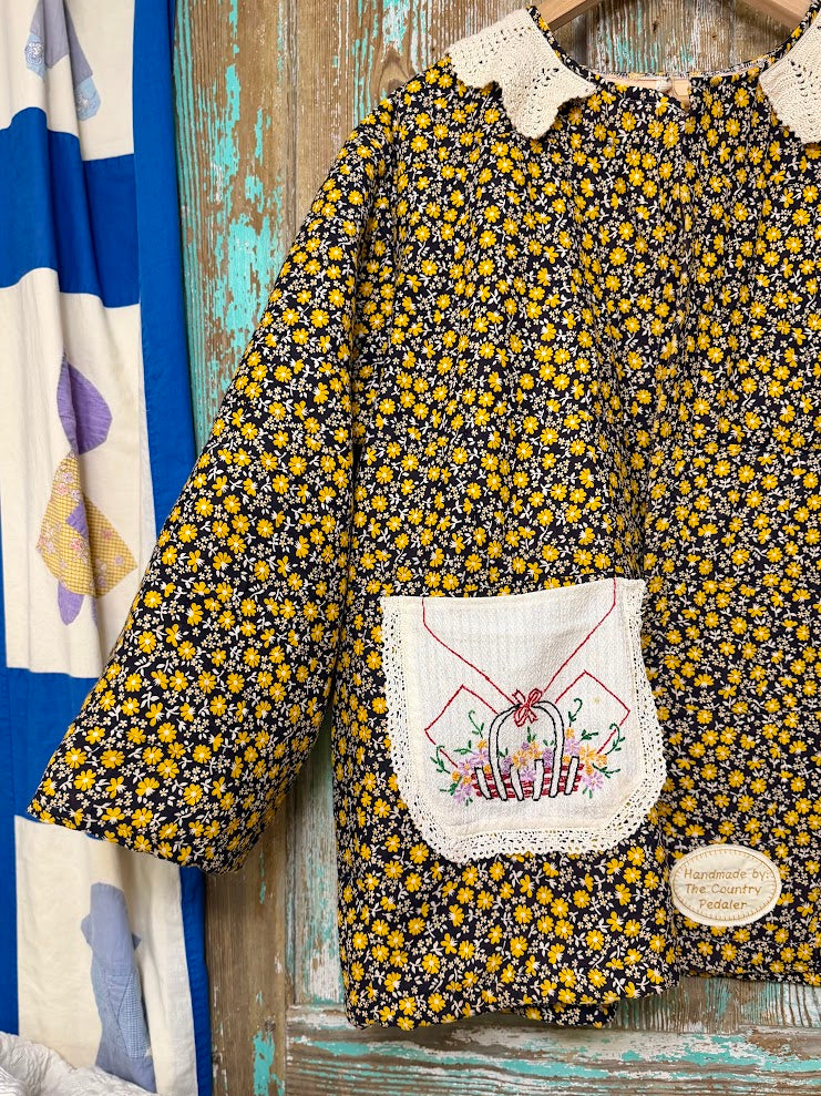 Upcycled Vintage Floral Quilt Coat with Vintage Doily Pocket and Crochet Collar: Unisex Large