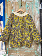 Upcycled Vintage Floral Quilt Coat with Vintage Doily Pocket and Crochet Collar: Unisex Large