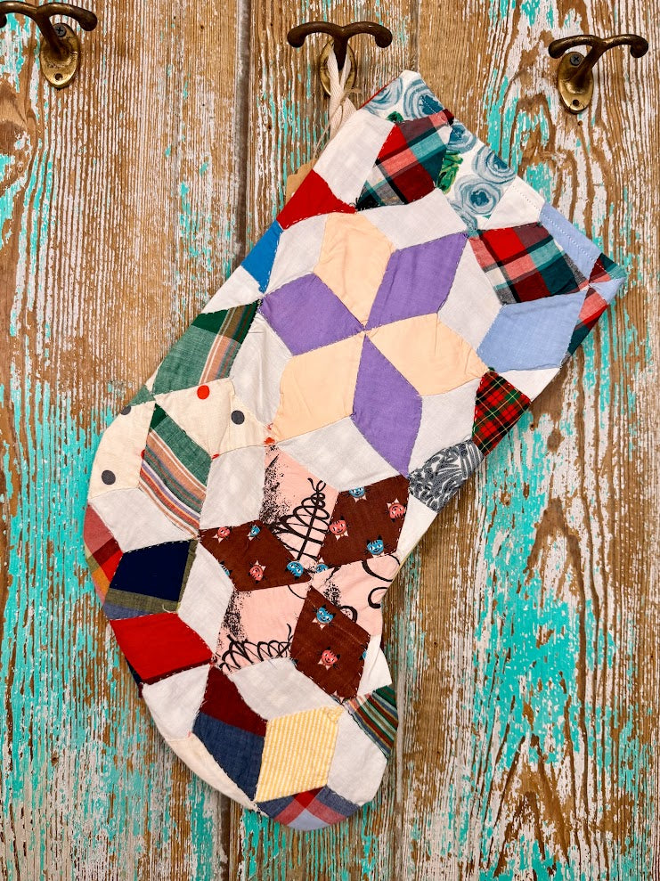 Upcycled Vintage 6-Point Star Quilt Stocking: S3