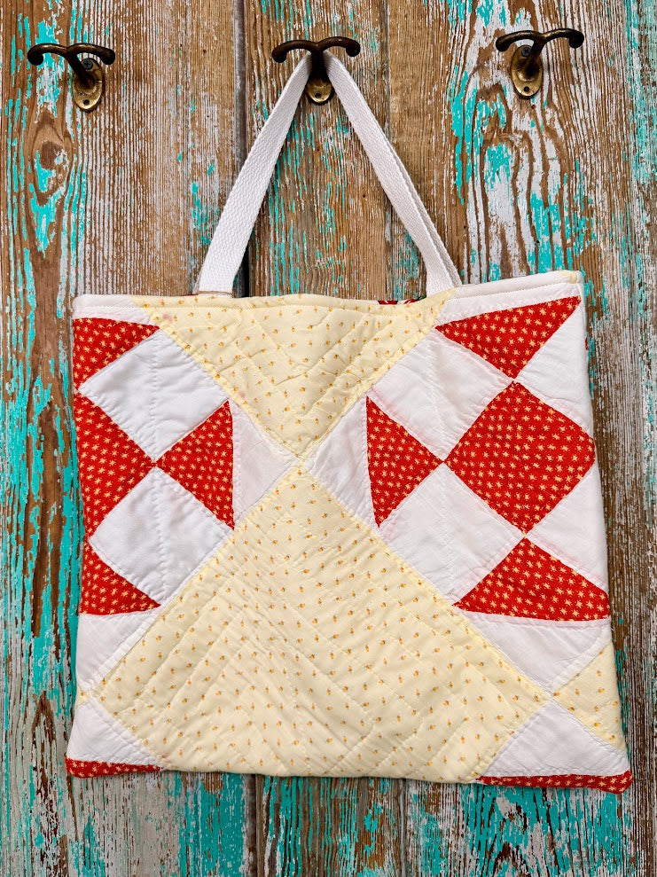 Upcycled Vintage Red & Yellow Quilt Tote: A1