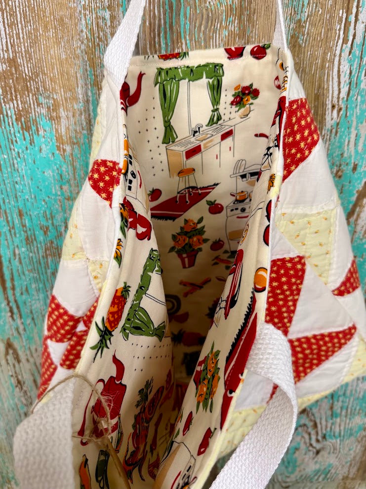 Upcycled Vintage Red & Yellow Quilt Tote: A1